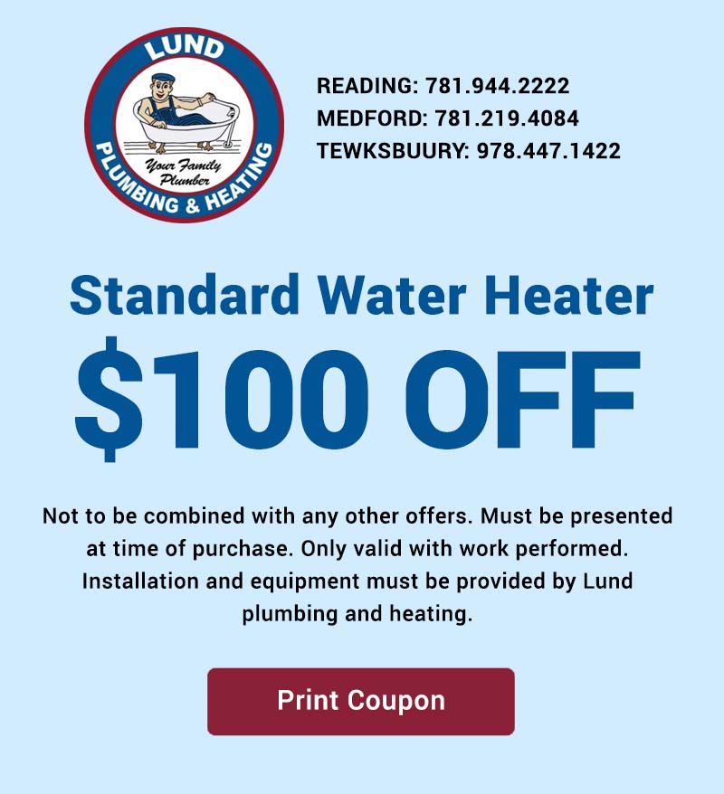 Coupon for a discount on a standard water heater installation from Lund Plumbing and Heating. Available during heating services