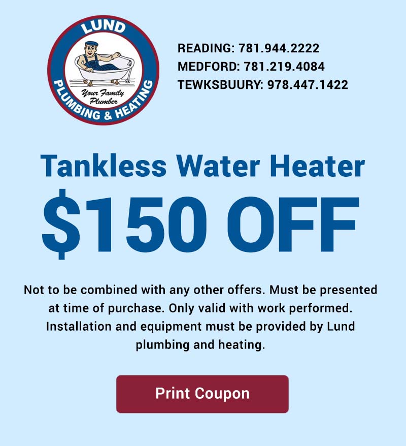 Coupon for a discount on a tankless water heater installation from Lund Plumbing and Heating. Available during heating services