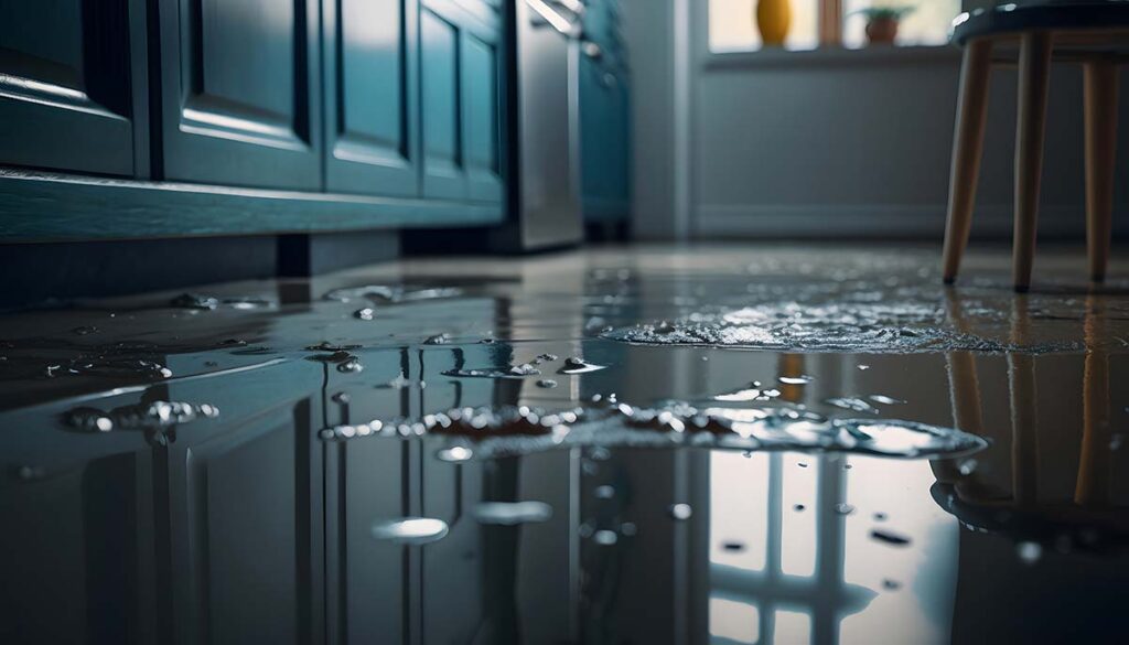 A flooded kitchen after a plumbing emergency. Lund Plumbing and Heating has plumbers in Tewksbury, MA ready to tackle any plumbing emergency