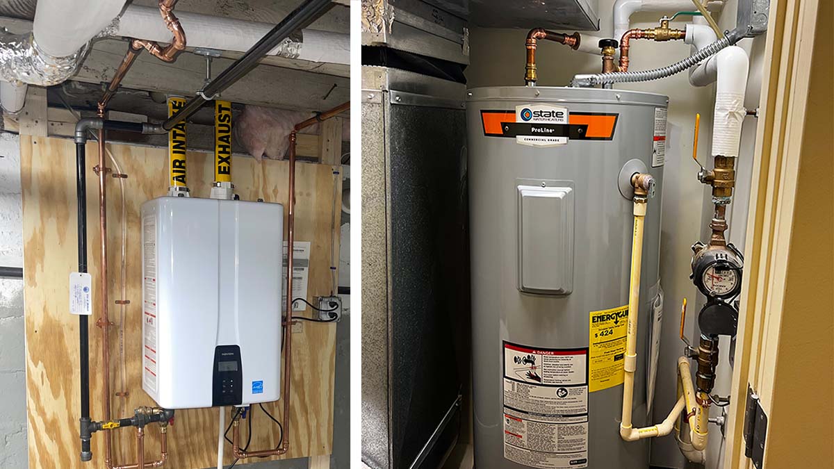 A comparison of tankless water heater and a storage tank water heater.