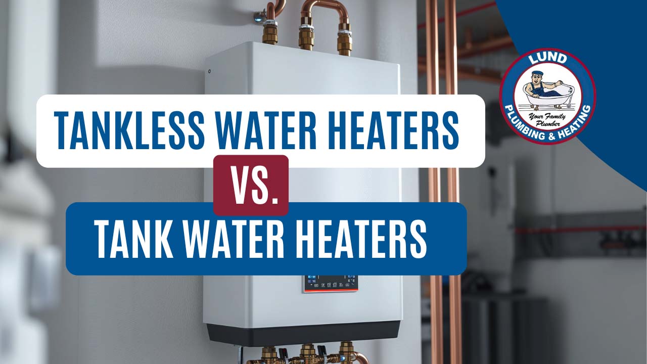 Image of a tankless water heater with the caption: Tankless water heaters vs Tank Water Heaters