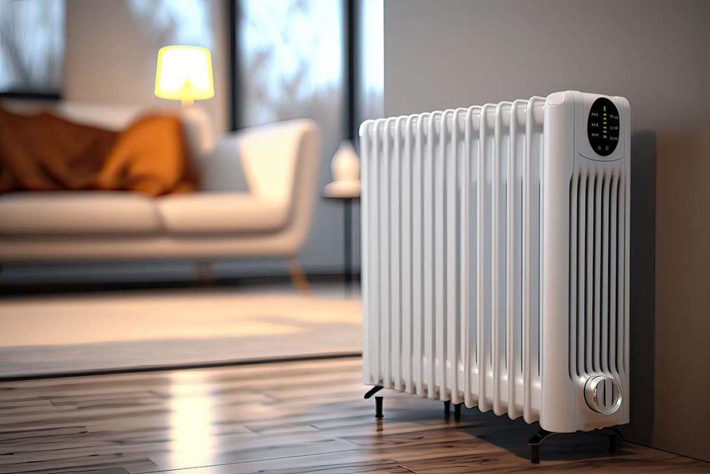 Modern white radiator on a wooden floor with a soft-glow lamp and couch in the background, showcasing the efficient heating services provided by Lund Plumbing and Heating in Andover, Massachusetts.