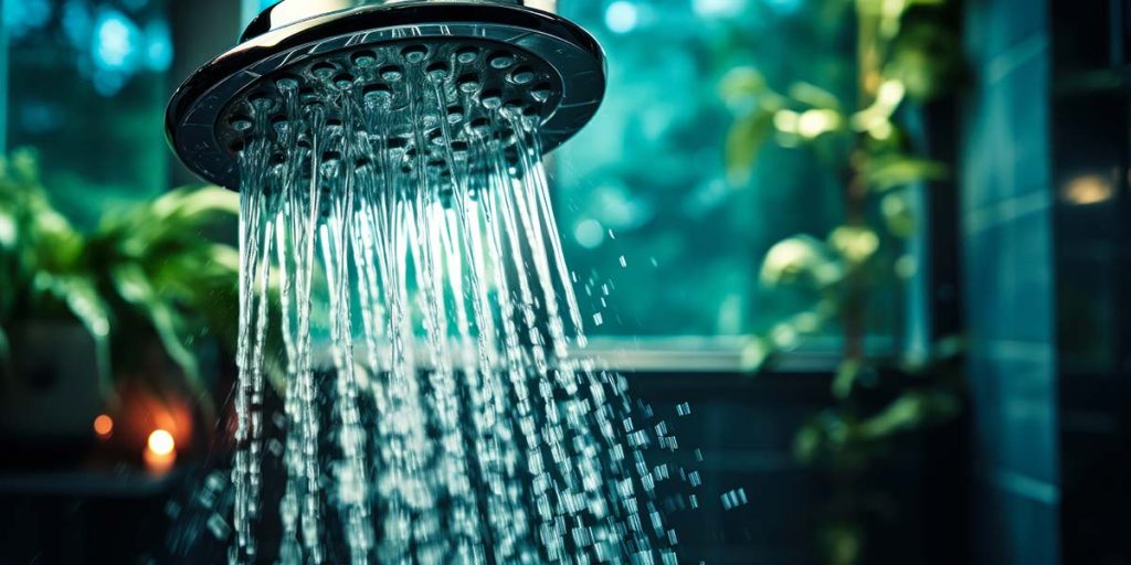 Luxurious rainfall showerhead with a steady stream of water, highlighting Lund Plumbing and Heating's plumbing services in Andover, Massachusetts.