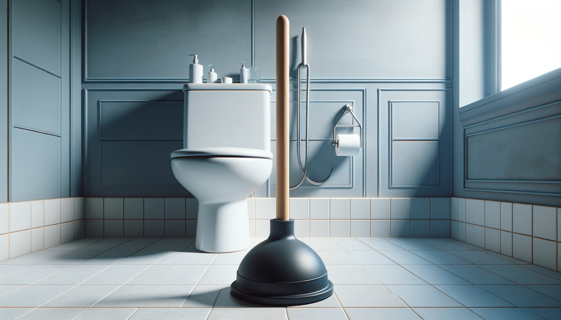 Plunger next to a clean toilet,