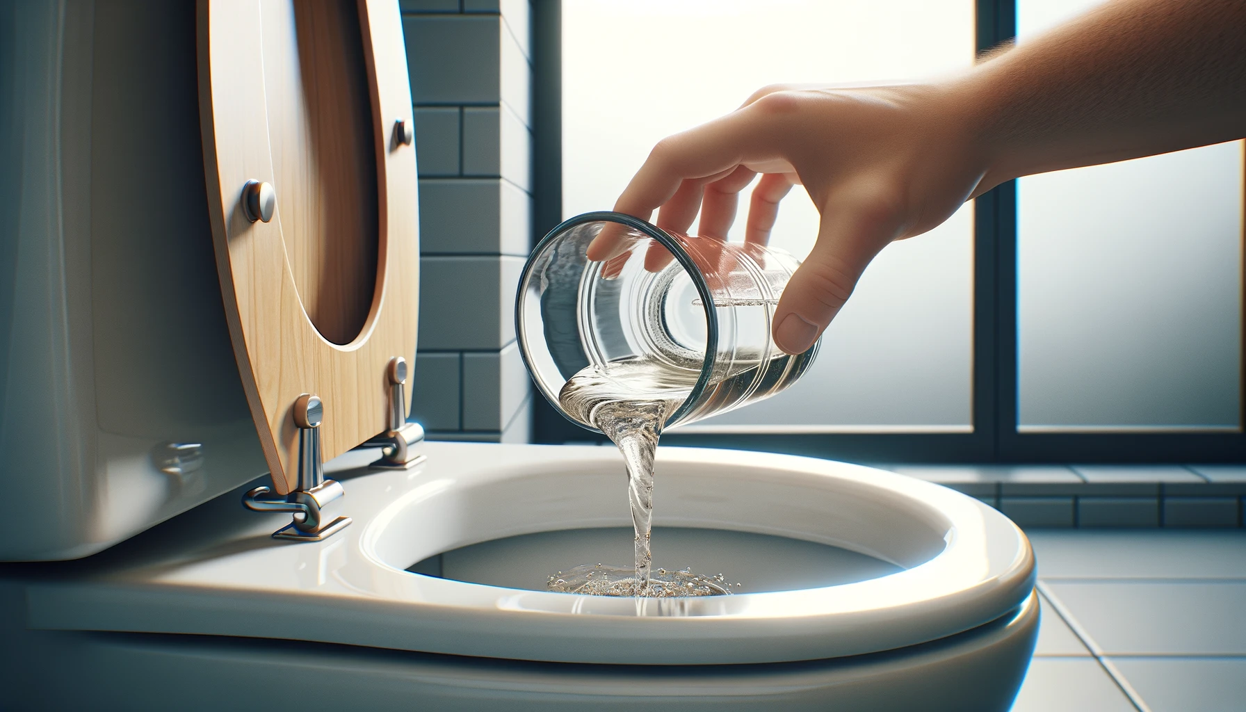 Pouring vinegar into a toilet, demonstrating a step to unclog with baking soda and vinegar