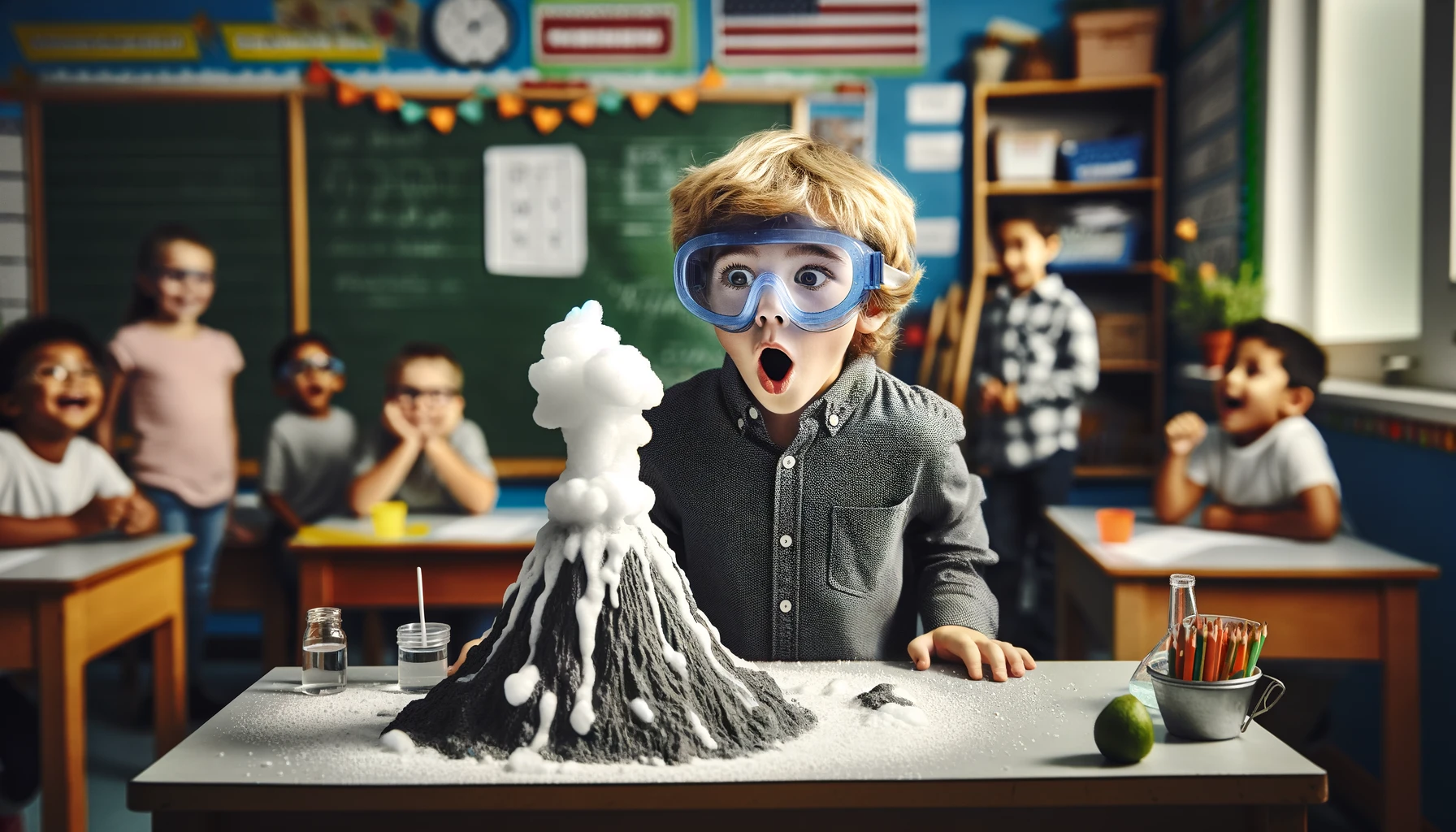 Child amazed by a simulated volcanic eruption, representing the reaction of baking soda and vinegar in a toilet