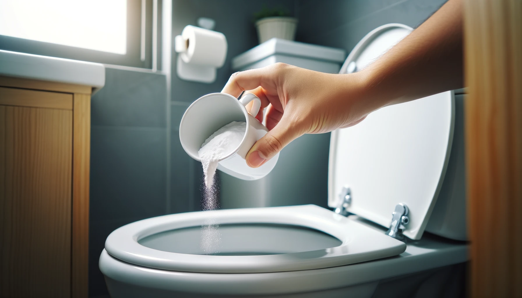 Pouring baking soda into a toilet to unclog it naturally with baking soda and vinegar