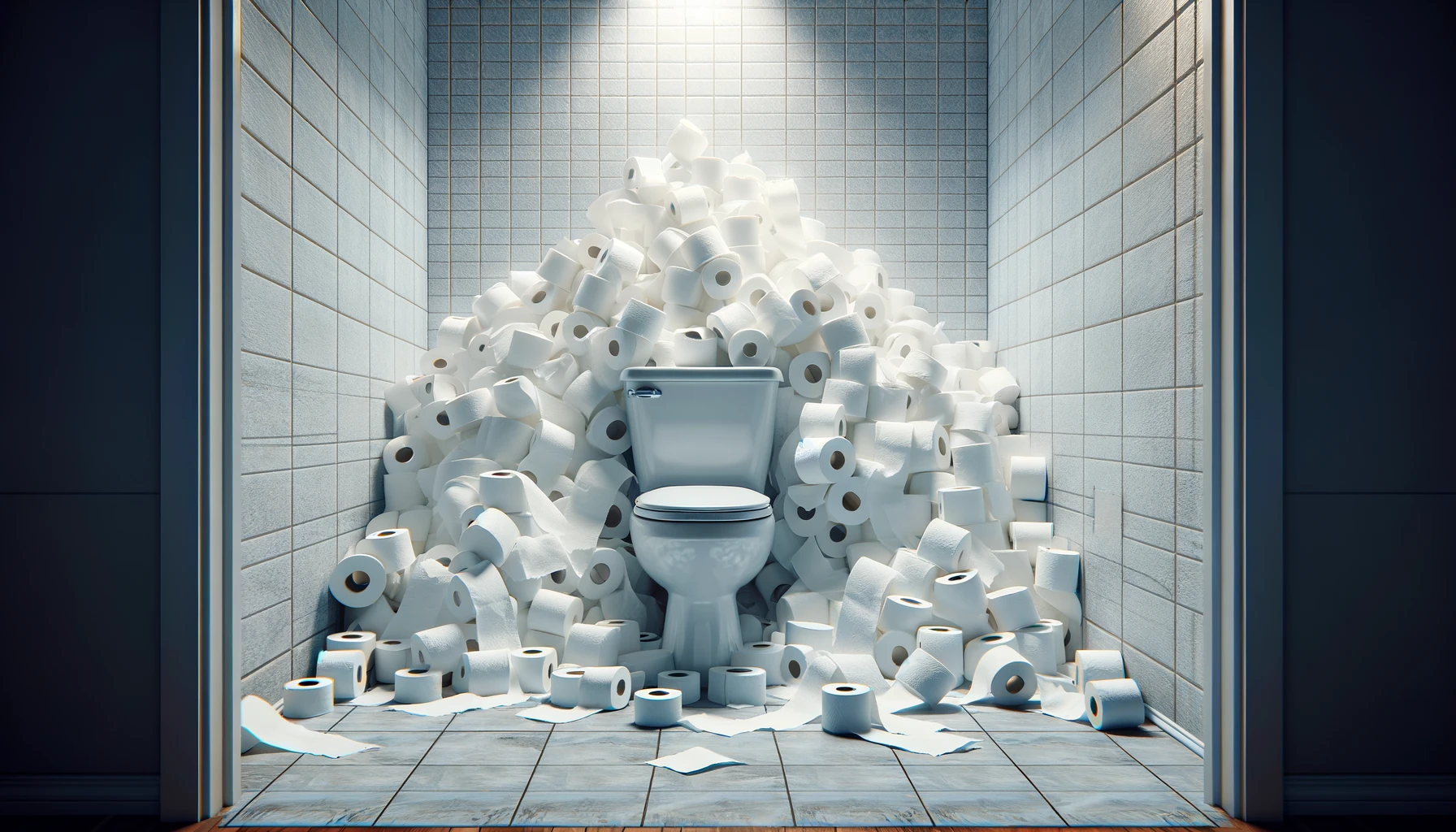 An overflow of toilet paper around a toilet, avoid flushing too much to not clog the toilet