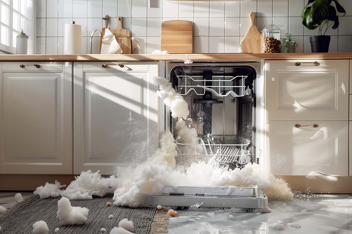 A kitchen plumbing emergency - a leaking dishwasher, with soap suds spilling onto the floor.