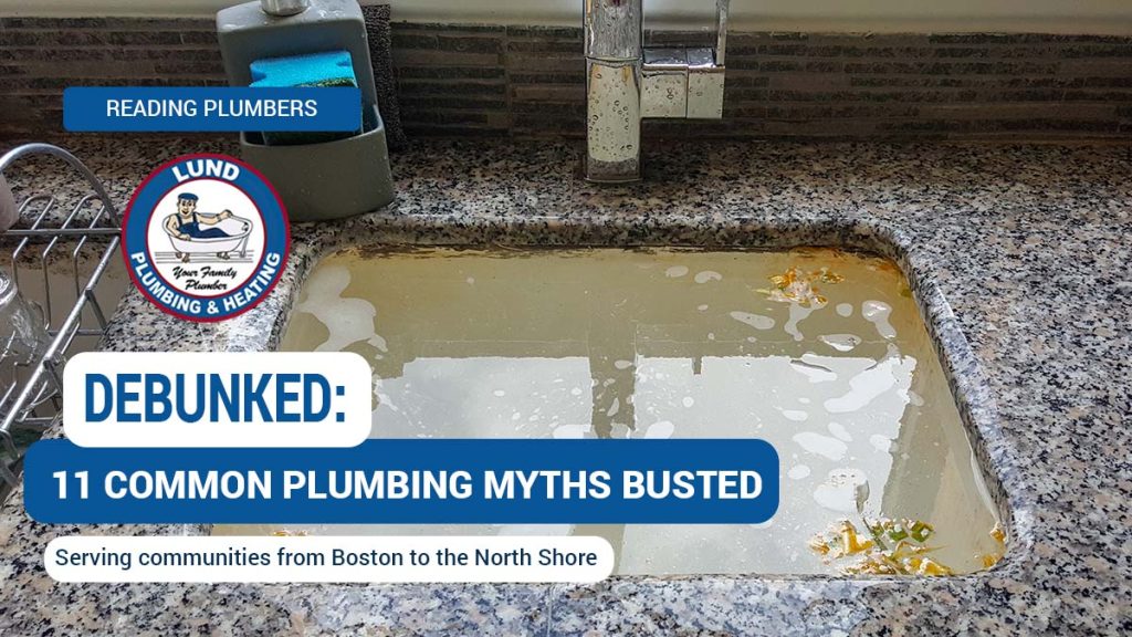 A sink with a clogged drain backed up with water highlighting some common plumbing myths