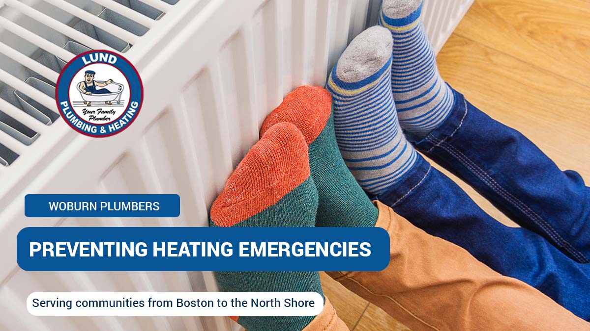 Feet in cozy socks near a radiator, emphasizing the importance of preventing heating emergencies in Woburn homes during winter.