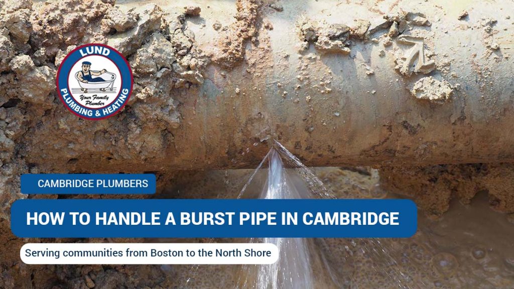 How to handle a burst pipe in Cambridge with expert plumbing services from Lund Plumbing & Heating. Background shows water leaking from a damaged pipe.