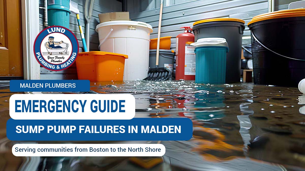 Sump pump failures in Malden and emergency solutions by Lund Plumbing & Heating. Background shows water flooding a basement."