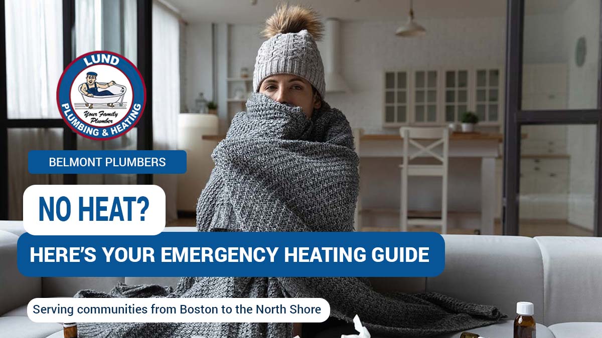 A woman bundled in warm clothes and blankets indoors, highlighting the need for an Belmont emergency heating guide during cold weather.