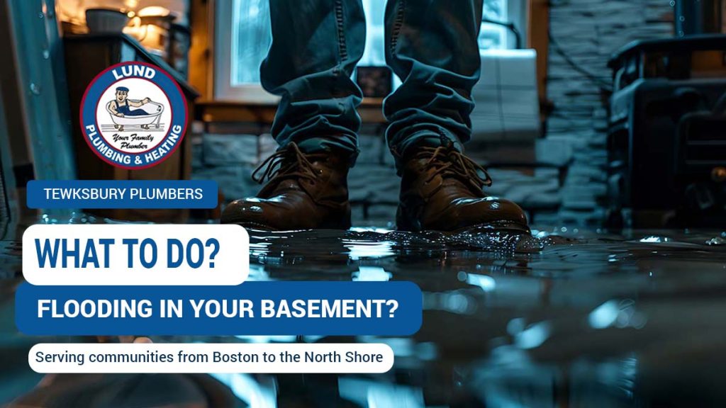 A person standing in a flooded basement, illustrating the urgency of dealing with basement flooding in Tewksbury.